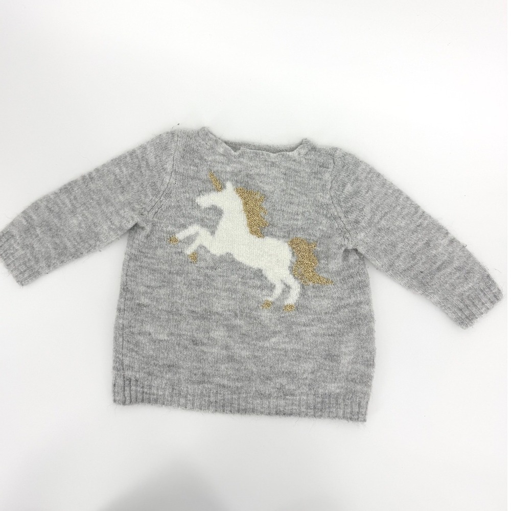 Carters Baby Girl Grey Unicorn Knit Sweater Gold Metallic Accents 6M